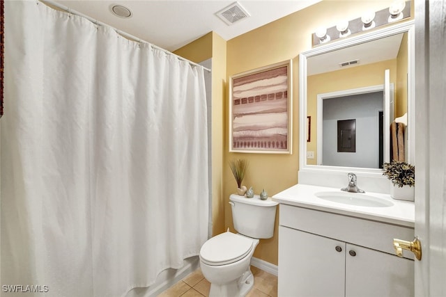 bathroom with electric panel, a shower with curtain, toilet, tile patterned floors, and vanity