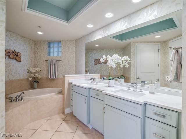 4137 Bay Beach Ln Unit 532, Fort Myers Beach, FL 33931 - bathroom with double vanity, a garden tub, tile patterned flooring, and recessed lighting
