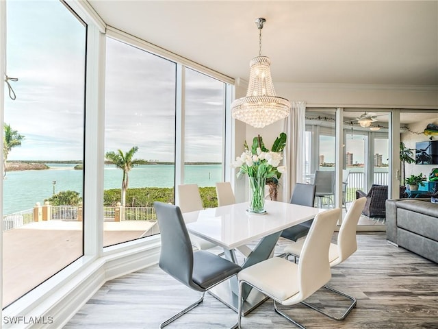 dining room featuring a water view, wood-type flooring, and ceiling fan with notable chandelier