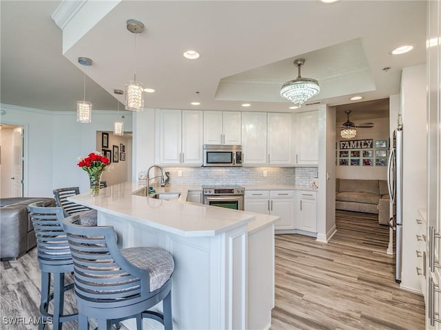 kitchen with a tray ceiling, kitchen peninsula, white cabinetry, and appliances with stainless steel finishes