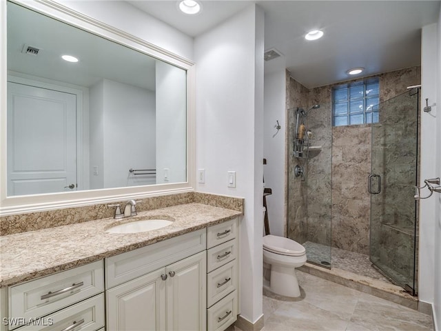 4137 Bay Beach Ln Unit 532, Fort Myers Beach, FL 33931 - bathroom featuring vanity, a stall shower, toilet, and recessed lighting