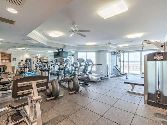 4137 Bay Beach Ln Unit 532, Fort Myers Beach, FL 33931 - gym with crown molding, plenty of natural light, and ceiling fan
