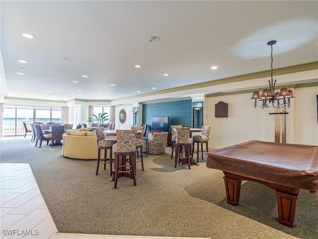 4137 Bay Beach Ln Unit 532, Fort Myers Beach, FL 33931 - playroom with carpet flooring, billiards table, crown molding, recessed lighting, and a chandelier