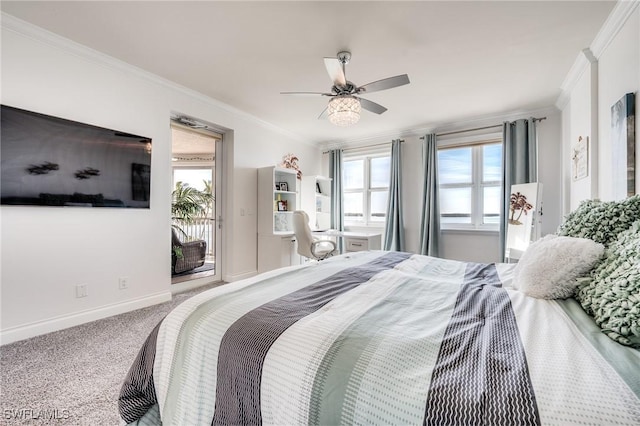 4137 Bay Beach Ln Unit 532, Fort Myers Beach, FL 33931 - bedroom featuring ornamental molding, baseboards, access to exterior, carpet floors, and a ceiling fan