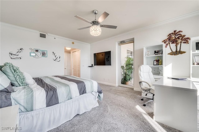 4137 Bay Beach Ln Unit 532, Fort Myers Beach, FL 33931 - carpeted bedroom with ornamental molding, a desk, ceiling fan, and baseboards
