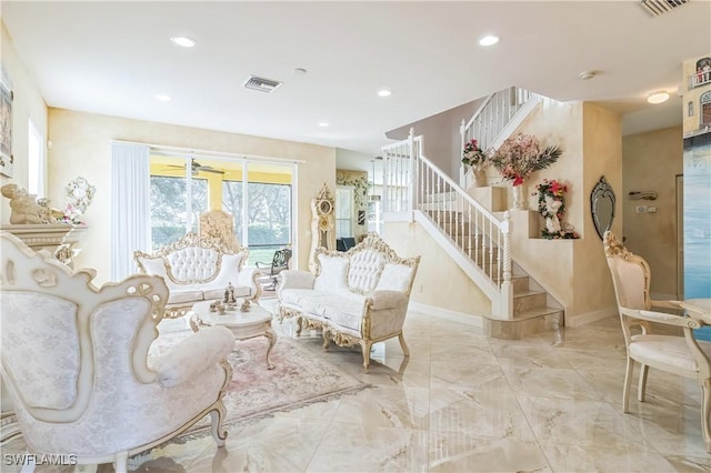 living room with ceiling fan