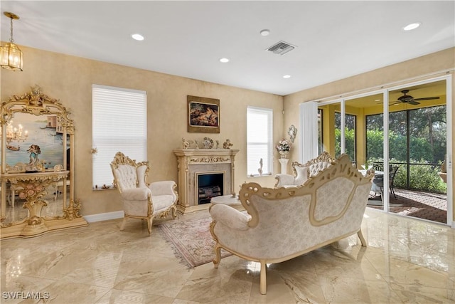 living room with ceiling fan