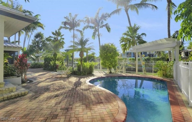 view of pool featuring a pergola and a patio