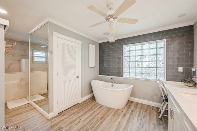 bathroom with vanity, crown molding, hardwood / wood-style flooring, tile walls, and shower with separate bathtub