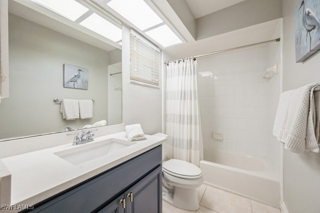 full bathroom featuring toilet, shower / tub combo, vanity, and tile patterned floors