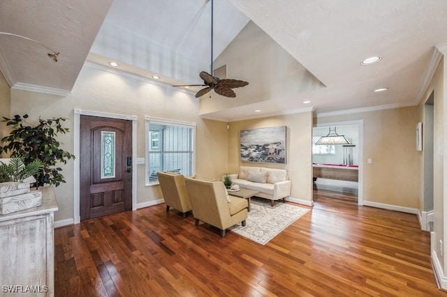 living room featuring hardwood / wood-style flooring, ceiling fan, crown molding, and high vaulted ceiling