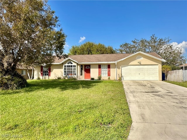 single story home with a garage and a front lawn