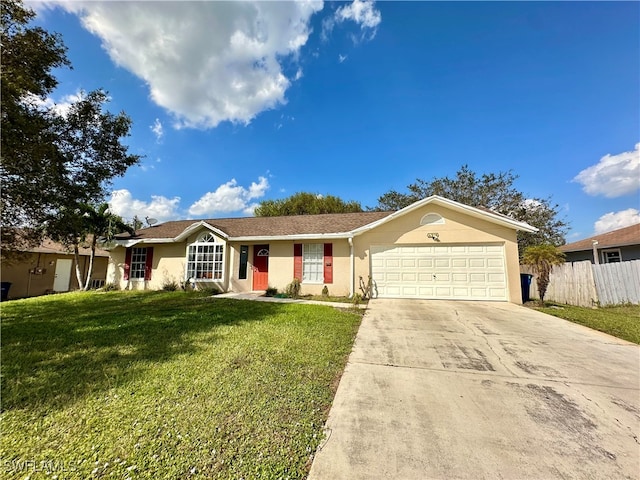 ranch-style house with a front lawn and a garage