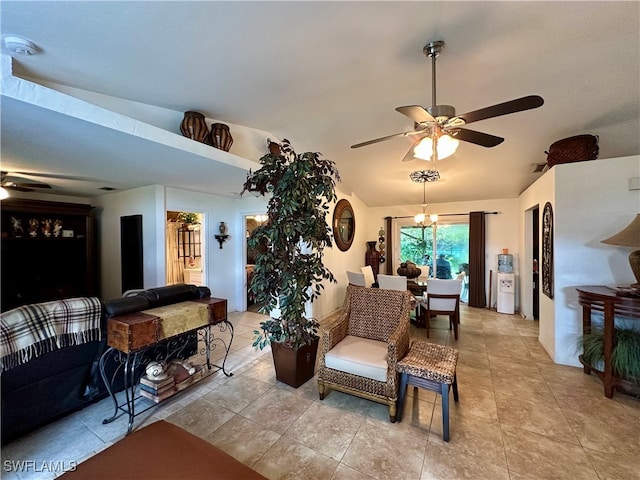 tiled living room featuring ceiling fan