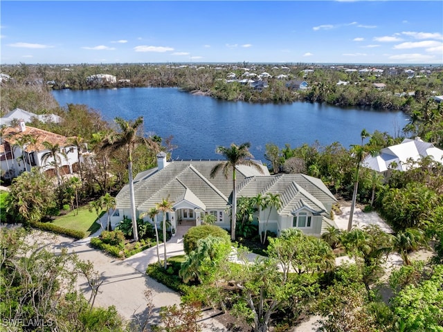 drone / aerial view featuring a water view