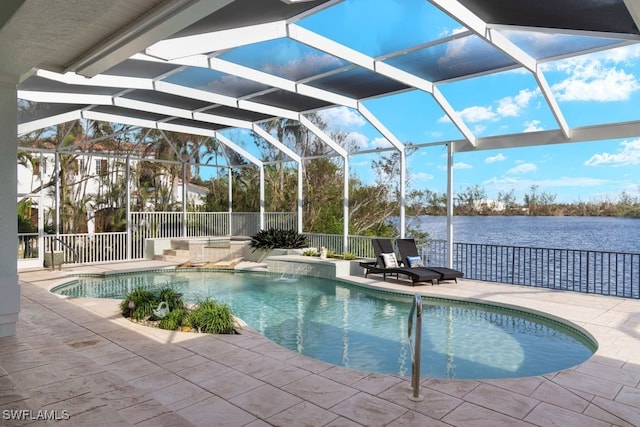 view of pool featuring pool water feature, a water view, a patio, and a lanai