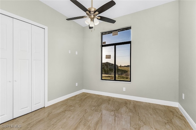 unfurnished bedroom with a closet, ceiling fan, and light hardwood / wood-style flooring