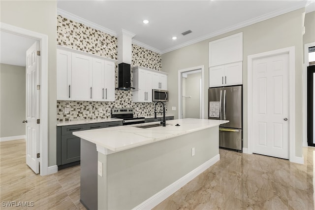 kitchen with a kitchen island with sink, appliances with stainless steel finishes, sink, and white cabinets