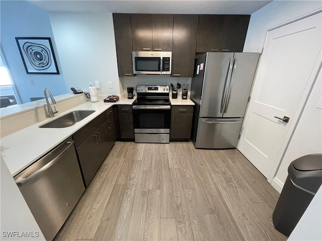 kitchen with light wood-type flooring, appliances with stainless steel finishes, sink, and kitchen peninsula