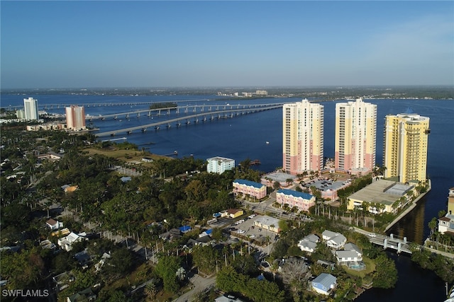 drone / aerial view featuring a water view