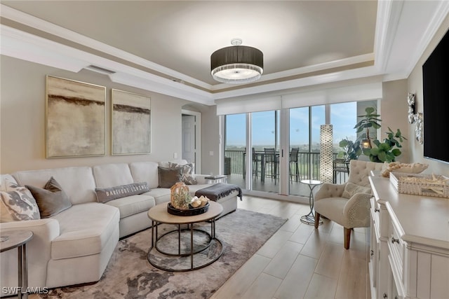 living room with a raised ceiling and ornamental molding