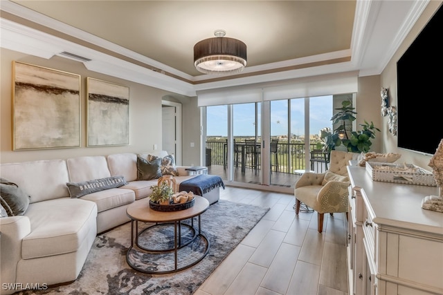 living room featuring a tray ceiling and crown molding