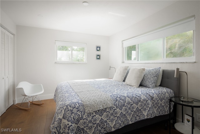 bedroom featuring hardwood / wood-style floors, multiple windows, and a closet