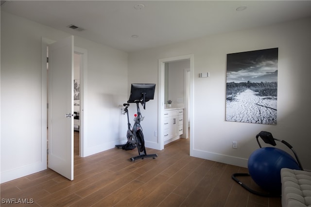 workout room featuring hardwood / wood-style floors