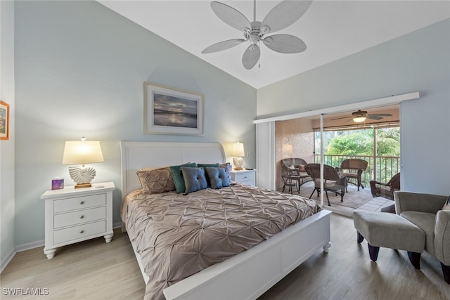 bedroom with ceiling fan, access to exterior, light wood-type flooring, and vaulted ceiling