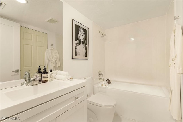 full bathroom with vanity, toilet, tub / shower combination, and visible vents