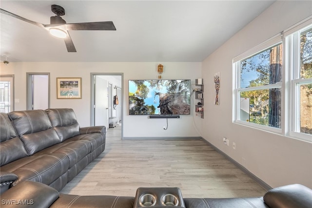 living room with ceiling fan and light wood-type flooring