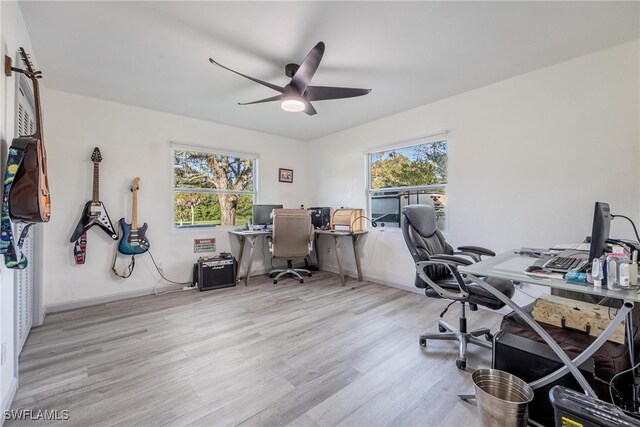 office area featuring plenty of natural light, ceiling fan, and light wood-type flooring