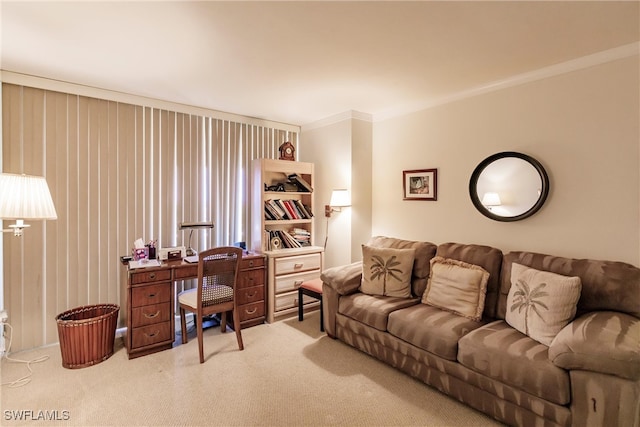 office area with carpet floors and ornamental molding