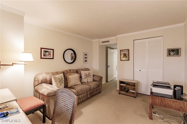 living room featuring light carpet and crown molding