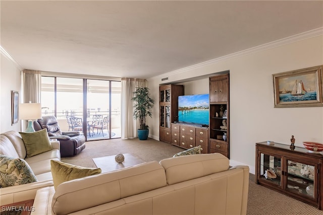 carpeted living room with expansive windows and ornamental molding