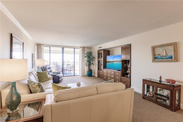 carpeted living room with ornamental molding