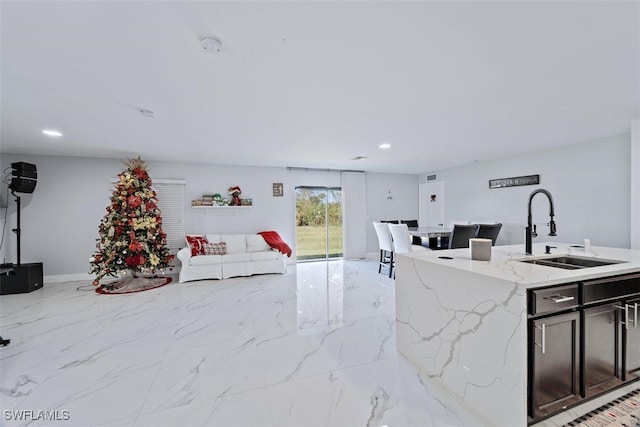 kitchen with sink, light stone counters, and a kitchen island with sink