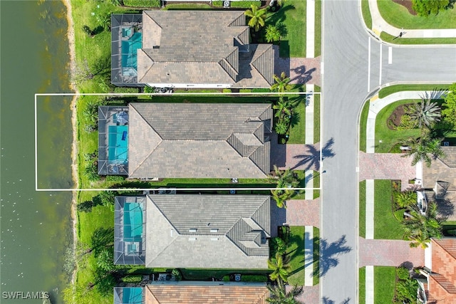 drone / aerial view featuring a water view