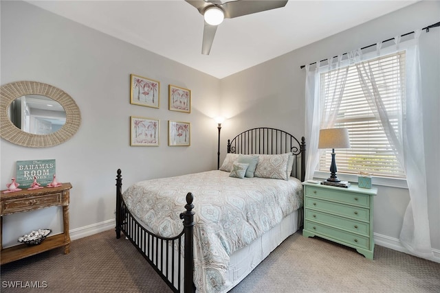 bedroom featuring ceiling fan and light carpet