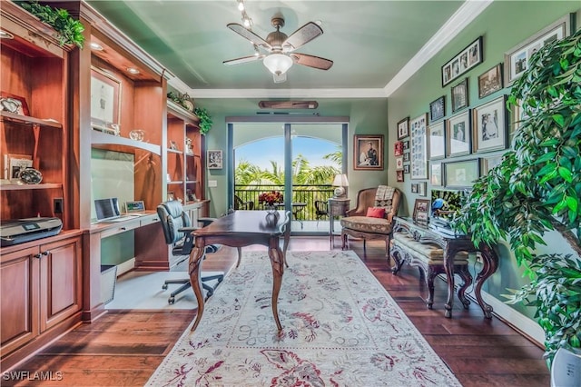 2555 Marquesa Royale Ln Unit 1-301, Naples, FL 34109 - office area featuring a ceiling fan, dark wood finished floors, and crown molding