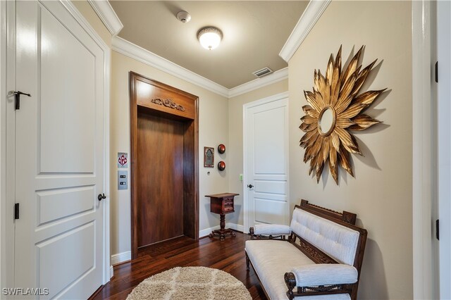 sitting room featuring crown molding and dark wood-type flooring