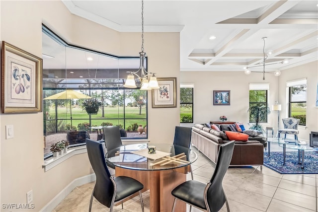 dining space with an inviting chandelier, light tile patterned floors, coffered ceiling, ornamental molding, and beamed ceiling