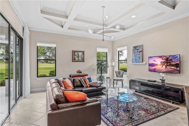 living room featuring beam ceiling, crown molding, coffered ceiling, and an inviting chandelier