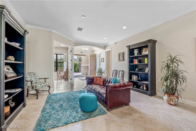 tiled living room featuring crown molding