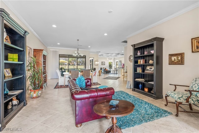 tiled living room with crown molding and an inviting chandelier