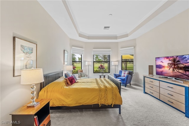 carpeted bedroom with a tray ceiling and crown molding