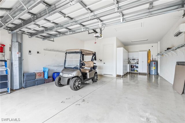 garage featuring a garage door opener, water heater, and a wall mounted AC