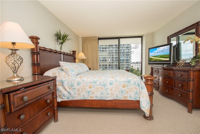 bedroom with access to exterior and light colored carpet