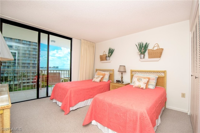 carpeted bedroom with access to outside and a textured ceiling