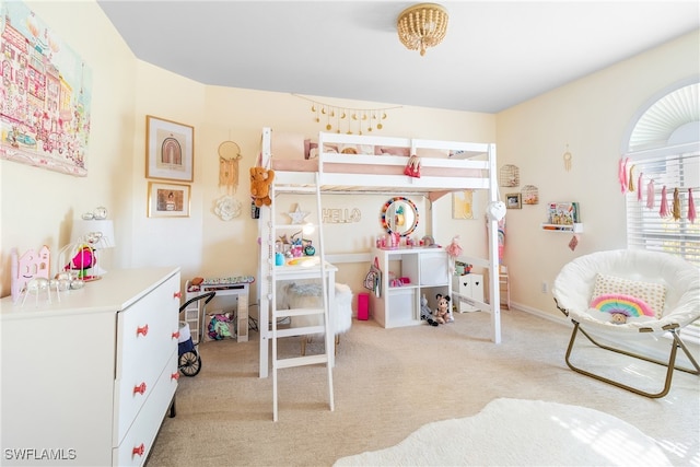 bedroom with light carpet